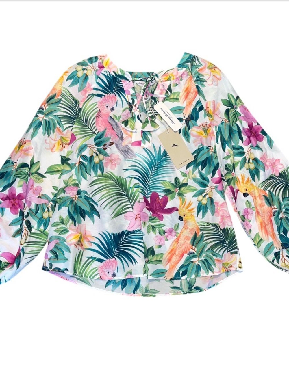 Tommy Bahama Tropical Bliss Long Sleeve Peasant Blouse Tie V Neck Ladies XS NWT